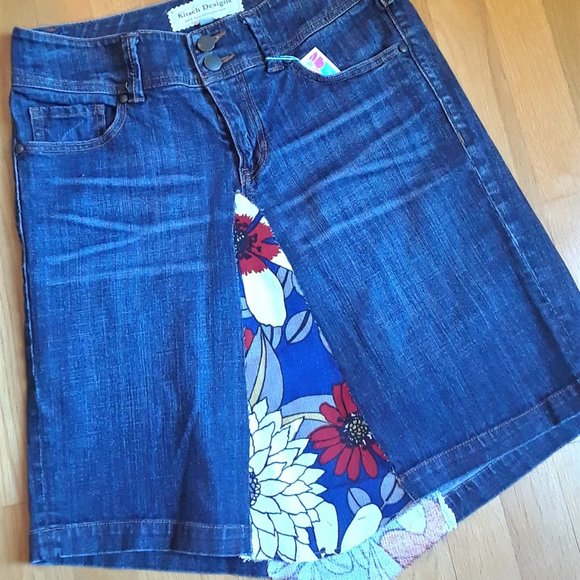 Skirt Denim - Embellished with Vintage Fabric - Size 6 - Picture 1 of 8